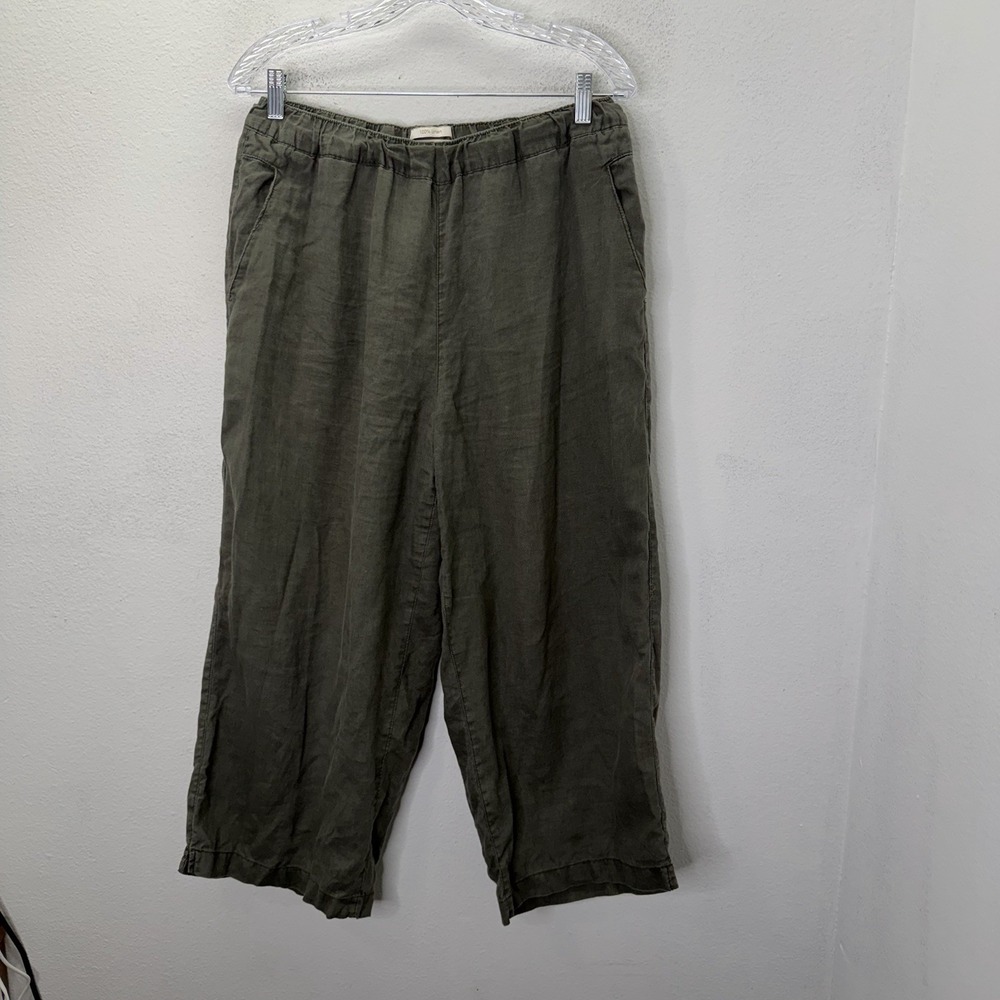 Cynthia Rowley Olive Green 100% Linen Wide Leg Cropped Pants Womens L Pull On